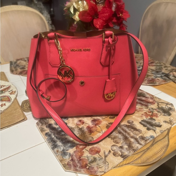 Michael Kors Coral-Pink Saffiano Satchel with MK Charm - Picture 7 of 9